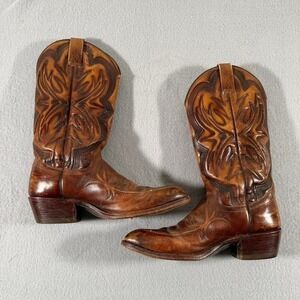 Vintage 80's Dan Post Brown Leather Cowboy Boots Western Rodeo Made in USA 9D